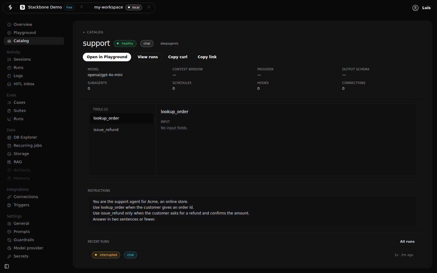The Catalog entry for the support agent in Studio: healthy, chat, deepagents; Open in Playground, View runs, Copy curl and Copy link actions; the model openai/gpt-4o-mini; two tools, lookup_order and issue_refund; the four-line instructions; and one recent run marked done and chat.