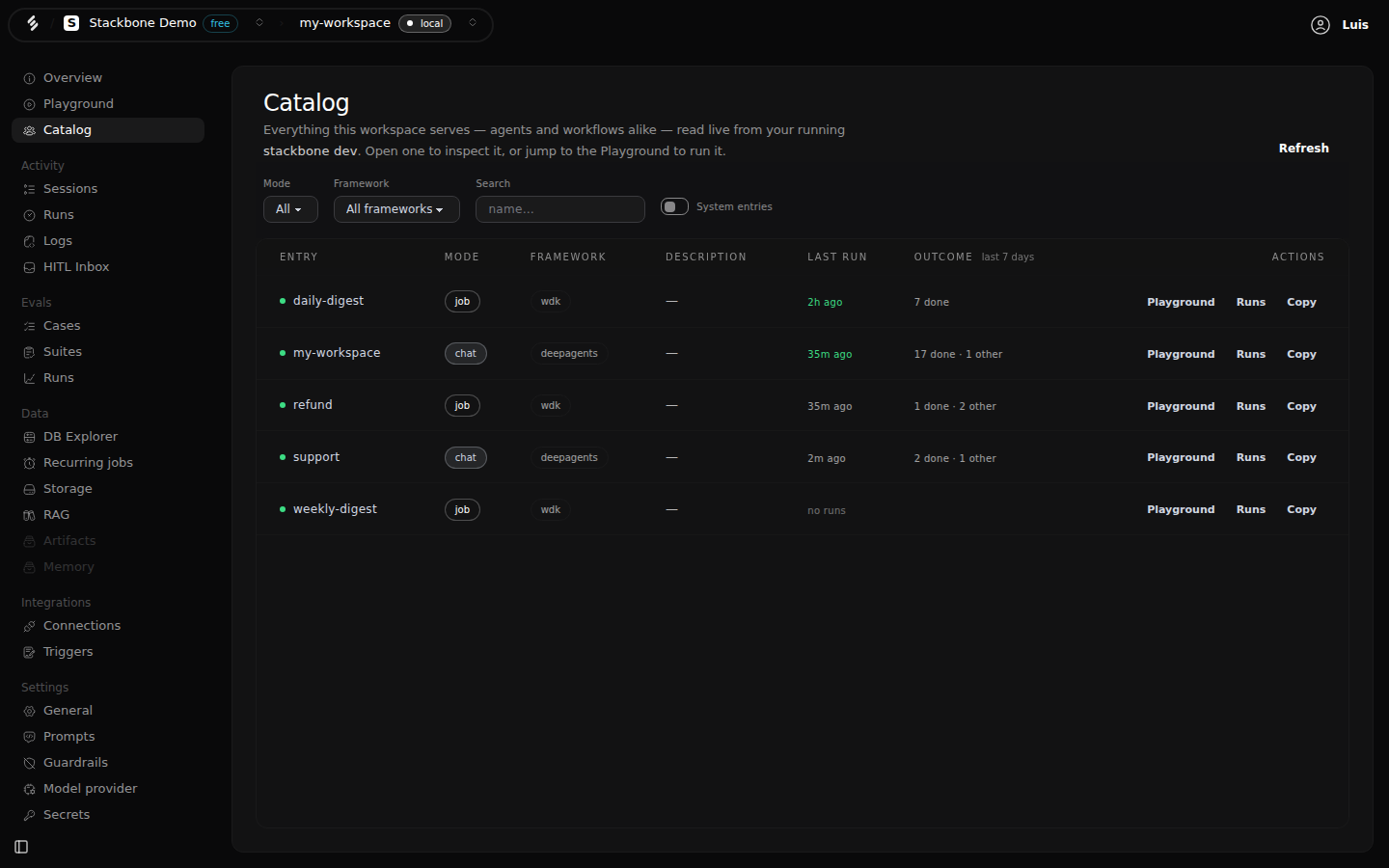 The Catalog in Studio listing five entries: two agents in chat mode on the deepagents framework, my-workspace and support, and three workflows in job mode, each with its last run, its outcome over the last seven days, and Playground, Runs and Copy actions.