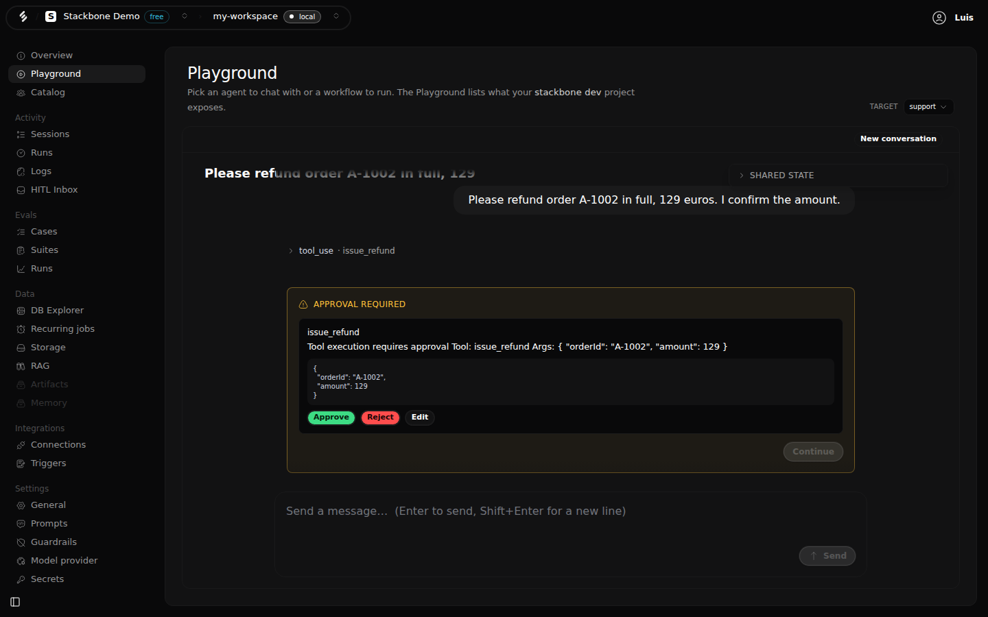 The Studio Playground with the support agent asked to refund order A-1002 for 129 euros: a tool_use block for issue_refund, and an 