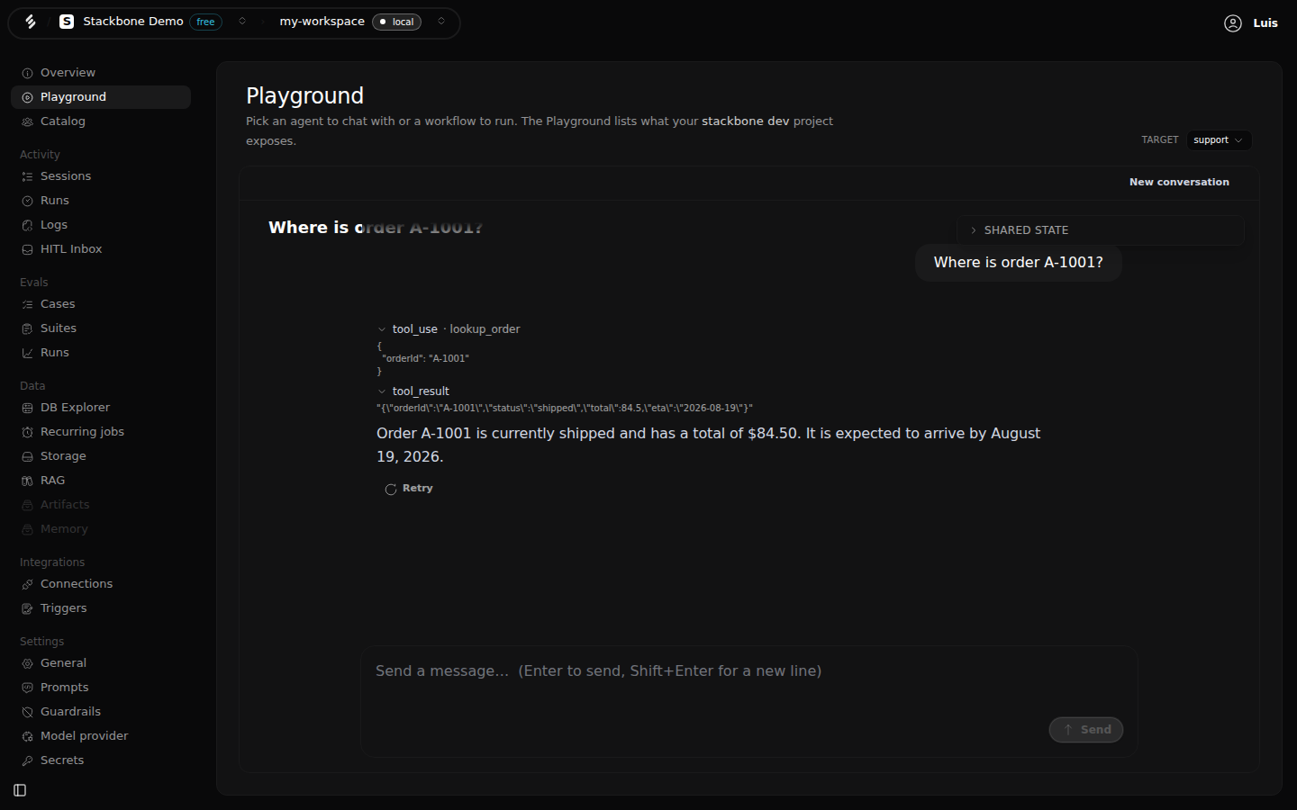 The Studio Playground with the support agent selected: the message 