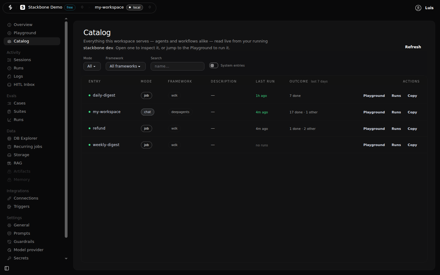 The Studio Catalog: four entries the box serves, my-workspace as a chat agent on deepagents and daily-digest, refund and weekly-digest as job workflows on wdk, each with its last run, the outcome of the last seven days, and Playground, Runs and Copy actions.
