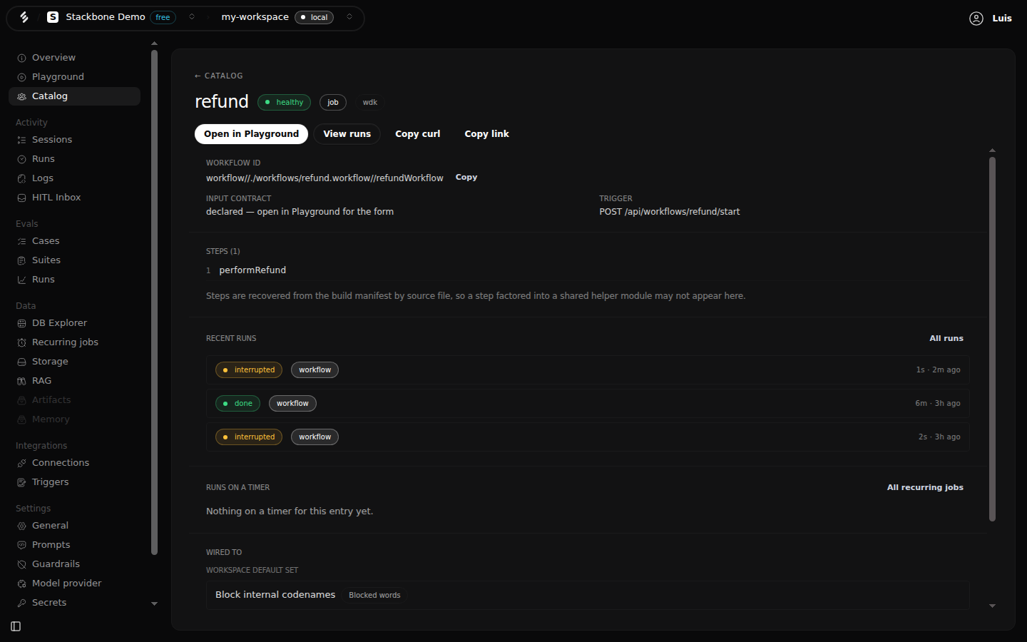 The Catalog entry for the refund workflow: healthy, job, wdk, with Open in Playground, View runs, Copy curl and Copy link actions; the workflow id, an input contract marked as declared, the trigger POST /api/workflows/refund/start, one step named performRefund, and three recent runs.