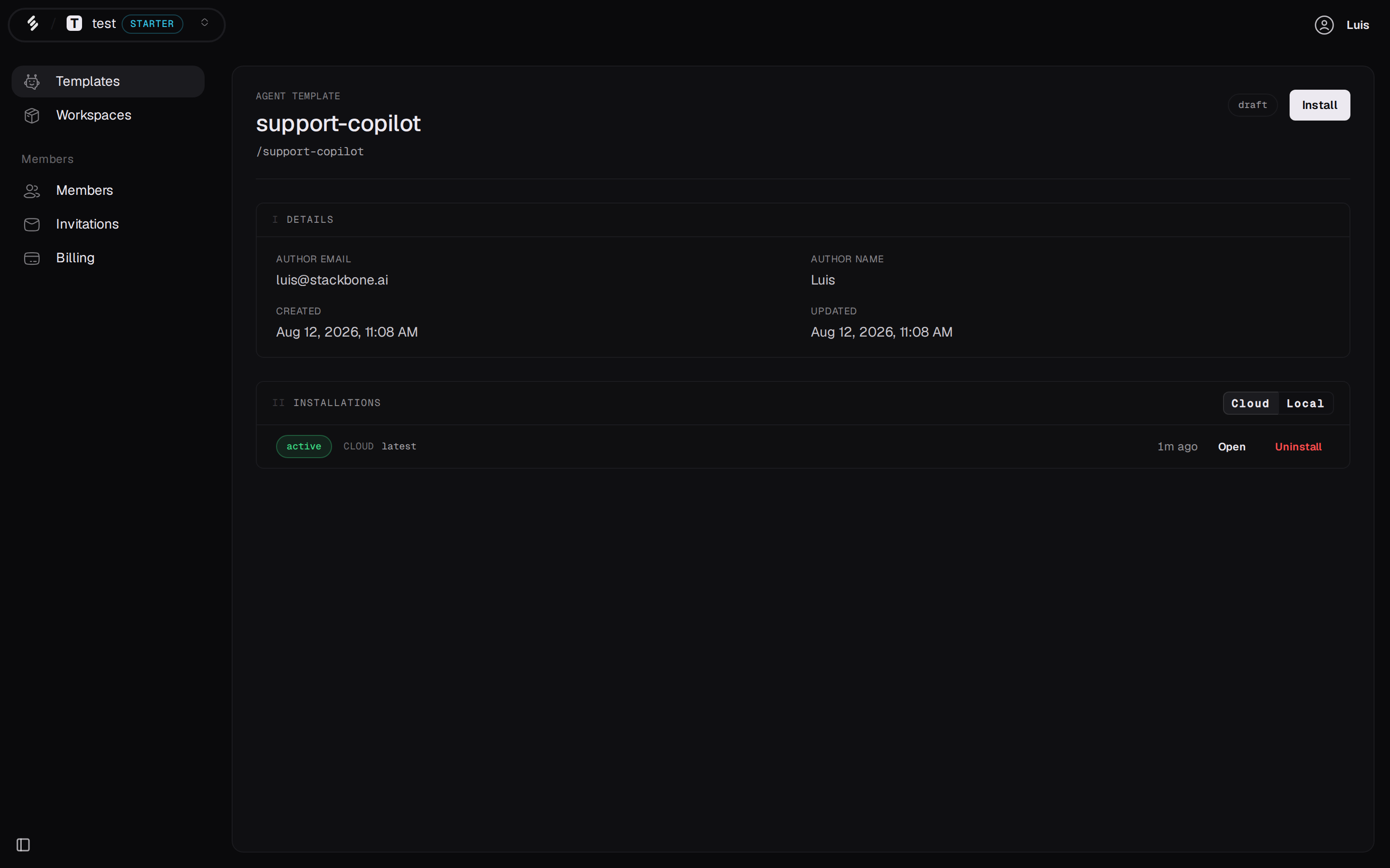 An agent template page listing one active installation with an Open action.