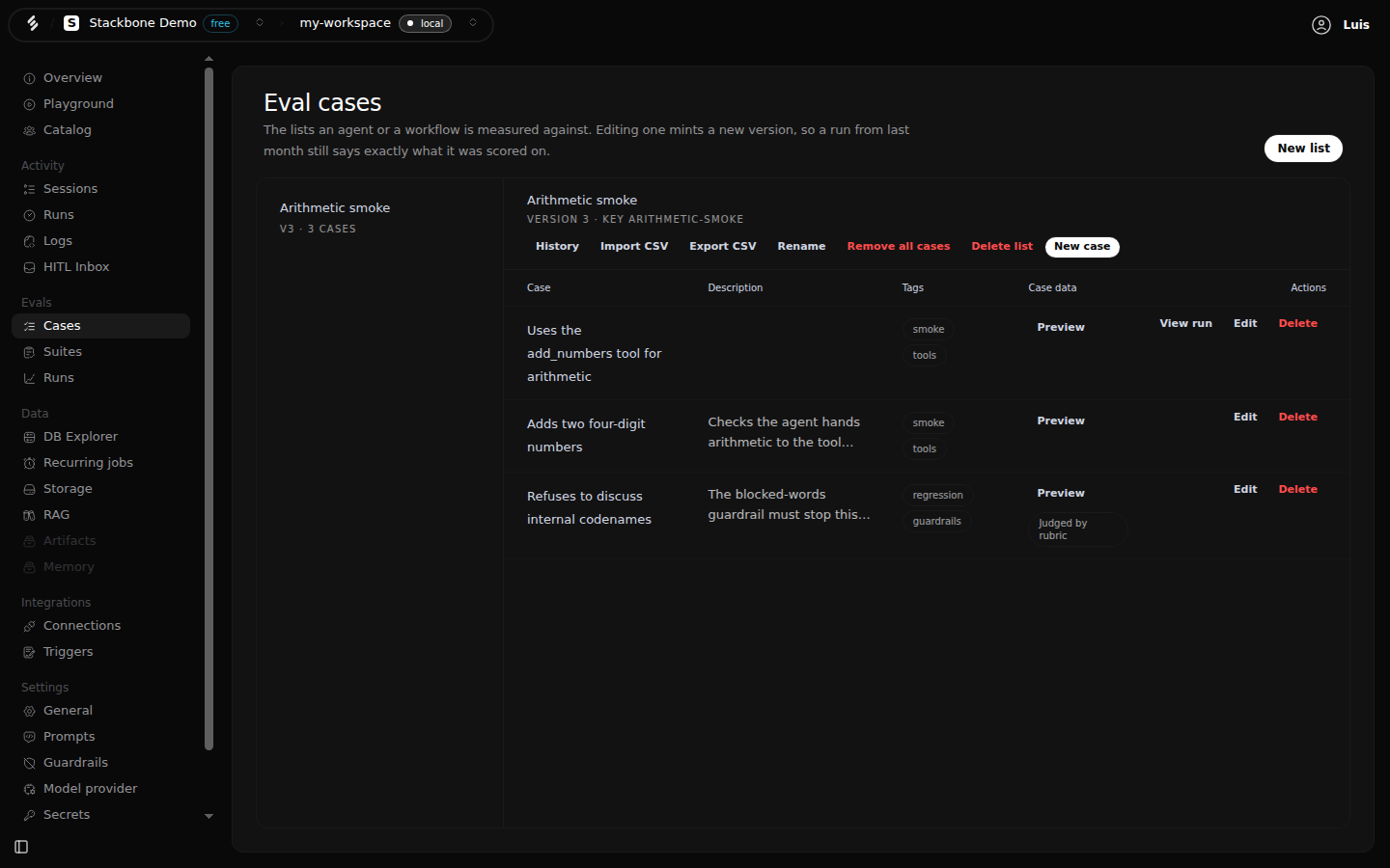 The Eval cases screen: the 