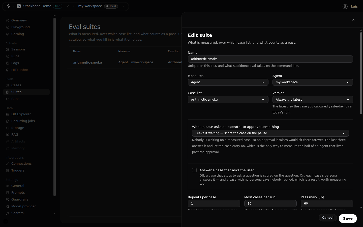 The suite editor in Studio: name, what it measures, the case list and its version pin, what to do when a case asks for approval, the simulator switch, repeats, the case cap and the pass mark.