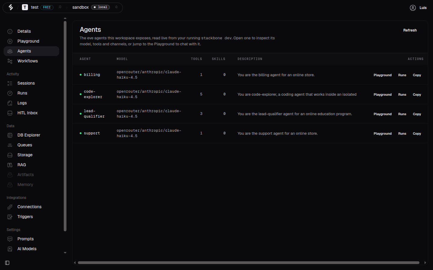 The Agents screen in Studio, listing the agents in your project with their model and tools.