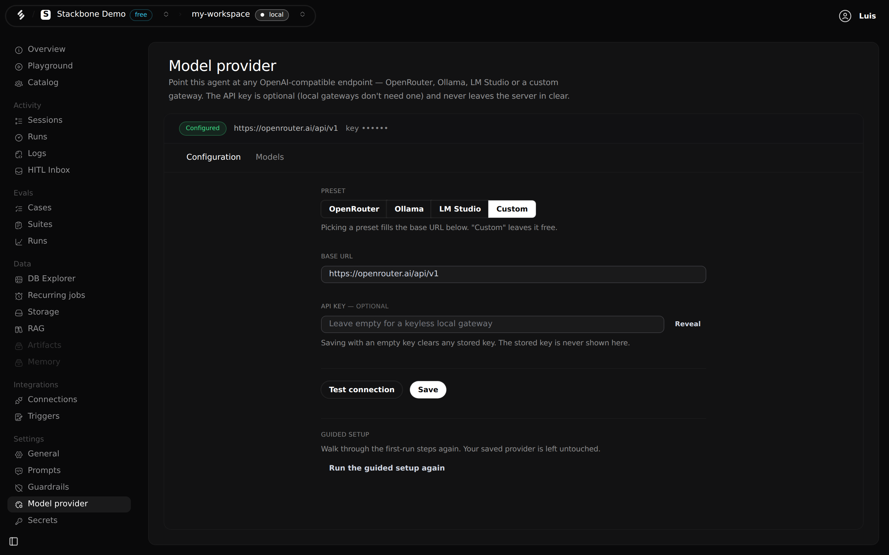 The Model provider screen in Studio, showing the configured endpoint, the masked key, and the option to run the guided setup again.