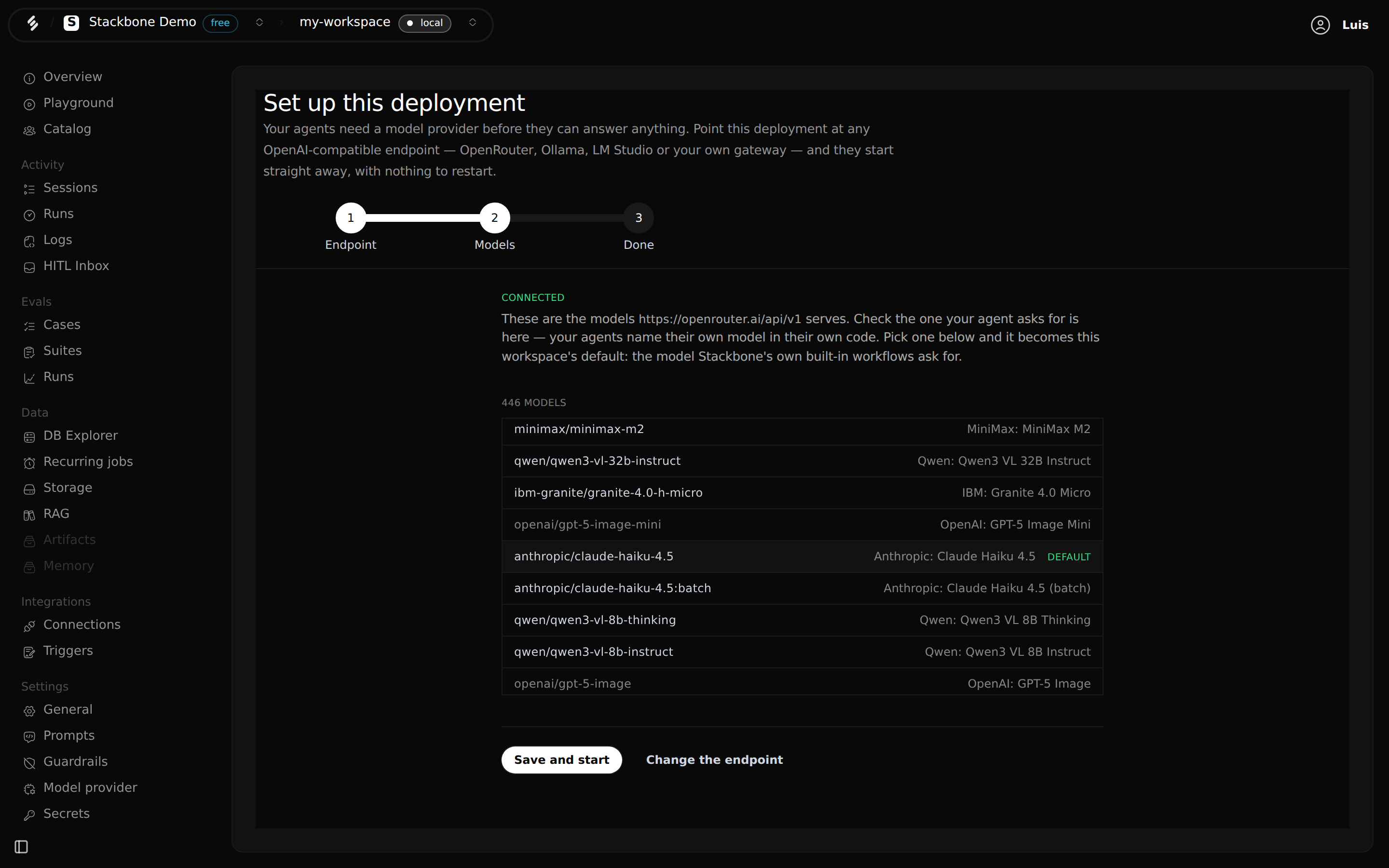 Step two of the Studio setup: the model list served by the endpoint, with one row marked as the default.