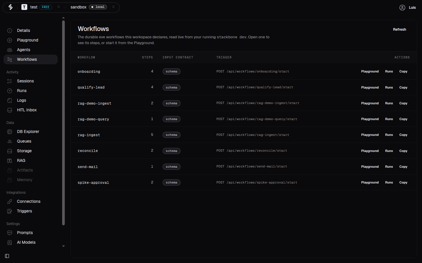 The Workflows screen in Studio, listing workflows with their steps and trigger.
