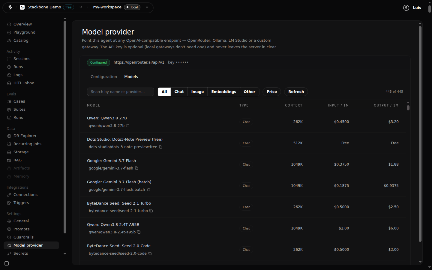 The Models tab of the Model provider screen: a search box, filters for All, Chat, Image, Embeddings and Other, a Price sort button, a Refresh button, a counter reading 445 of 445, and a table of models with their id, type, context length and input and output price per million tokens.
