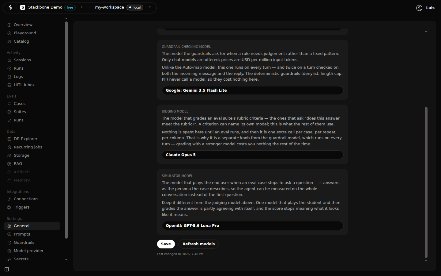 The lower half of the General settings screen: the Judging model set to Claude Opus 5, the Simulator model set to OpenAI GPT-5.6 Luna Pro, and the Save button under them.