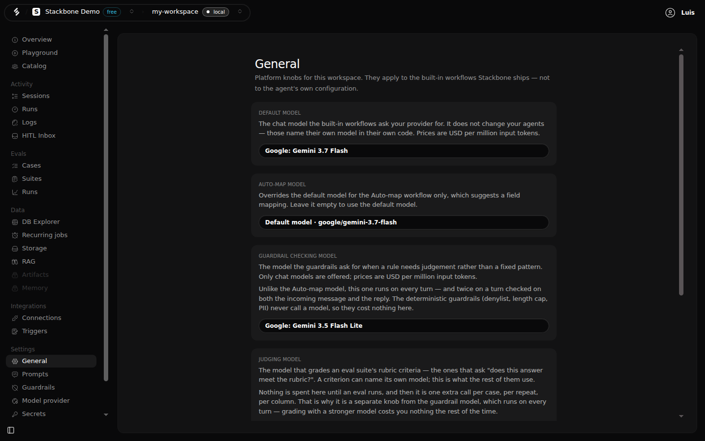 The General settings screen in Studio showing the Default model set to Google Gemini 3.7 Flash, the Auto-map model inheriting it, and the Guardrail checking model set to Google Gemini 3.5 Flash Lite.
