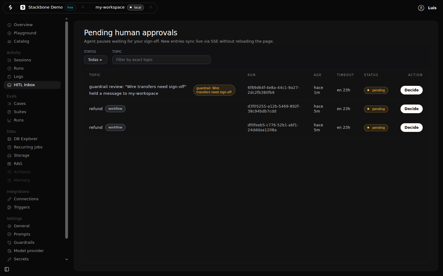 The HITL Inbox listing three pending approvals: one held by the 