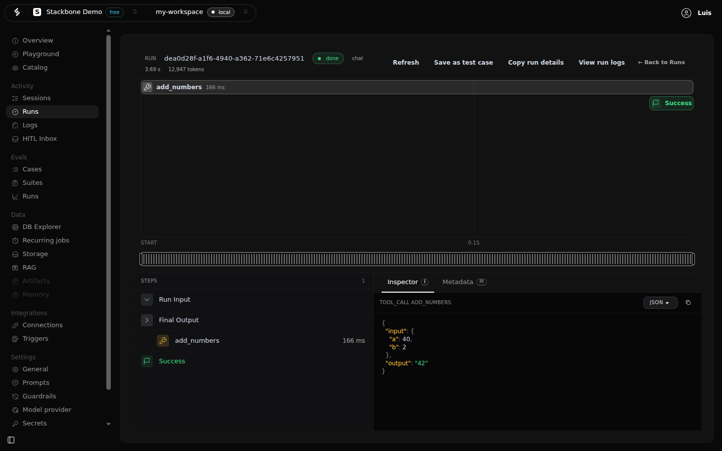 A run's trace in Studio: the run id, status and token count in the header, the add_numbers tool call in the waterfall, and the inspector showing the call's input and output as JSON.