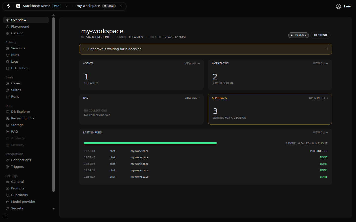 The Studio Overview screen: the workspace name, a banner counting three approvals waiting for a decision, cards for agents, workflows, RAG and approvals, and the last runs.