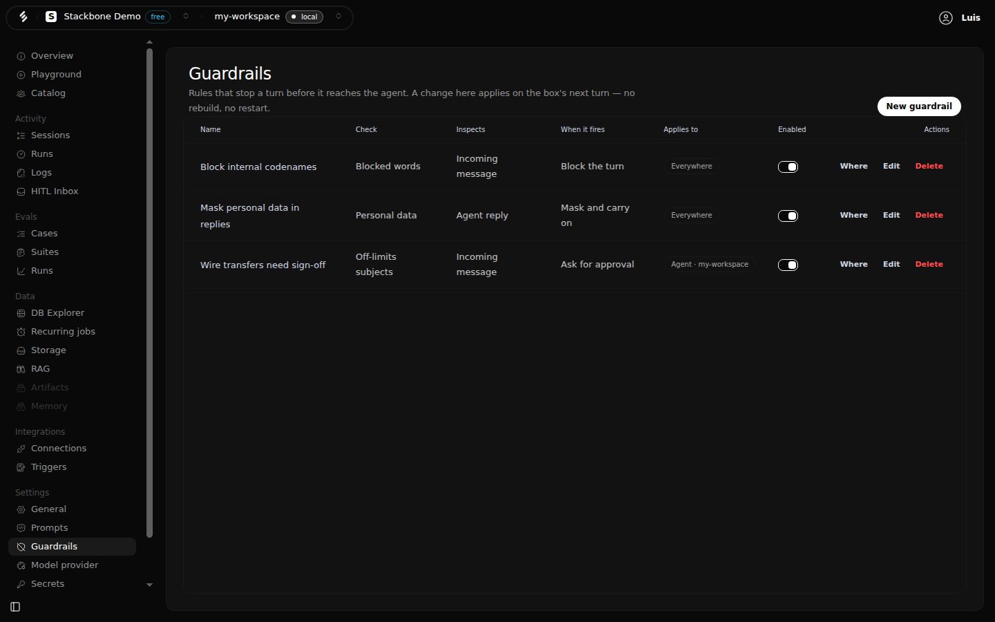 The Guardrails screen in Studio listing three rules: block internal codenames on the incoming message, mask personal data in the agent reply, and hold wire-transfer requests for approval on one agent.