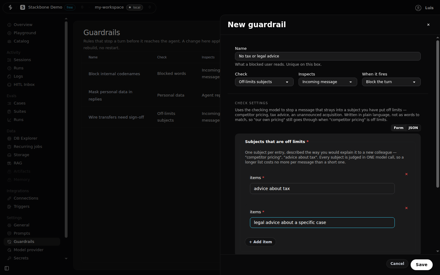 The New guardrail drawer: name, check 