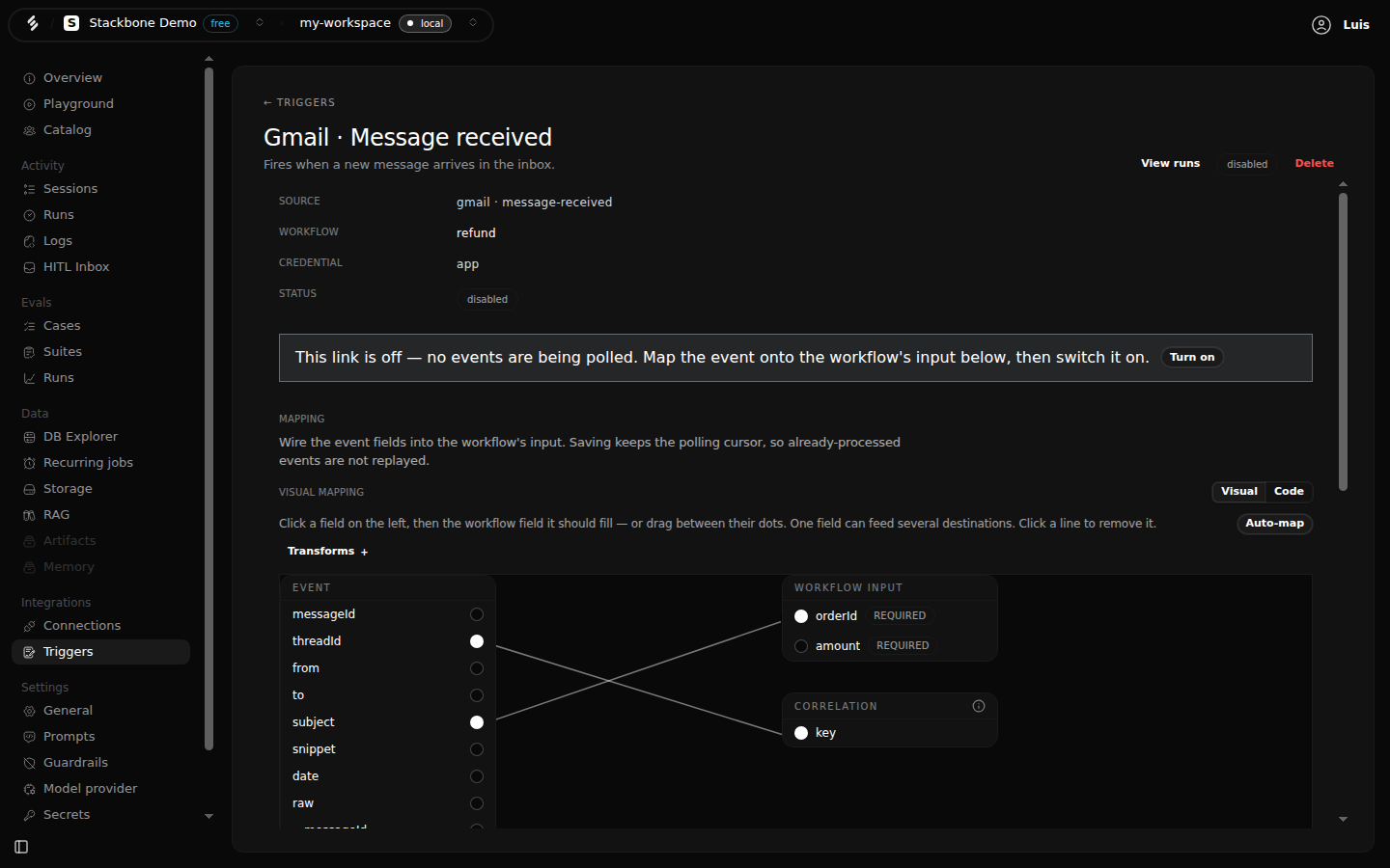 The trigger link detail in Studio: source gmail · message-received, workflow refund, credential app, status disabled, and the visual mapping with the event's subject wired to orderId and threadId wired to the correlation key.