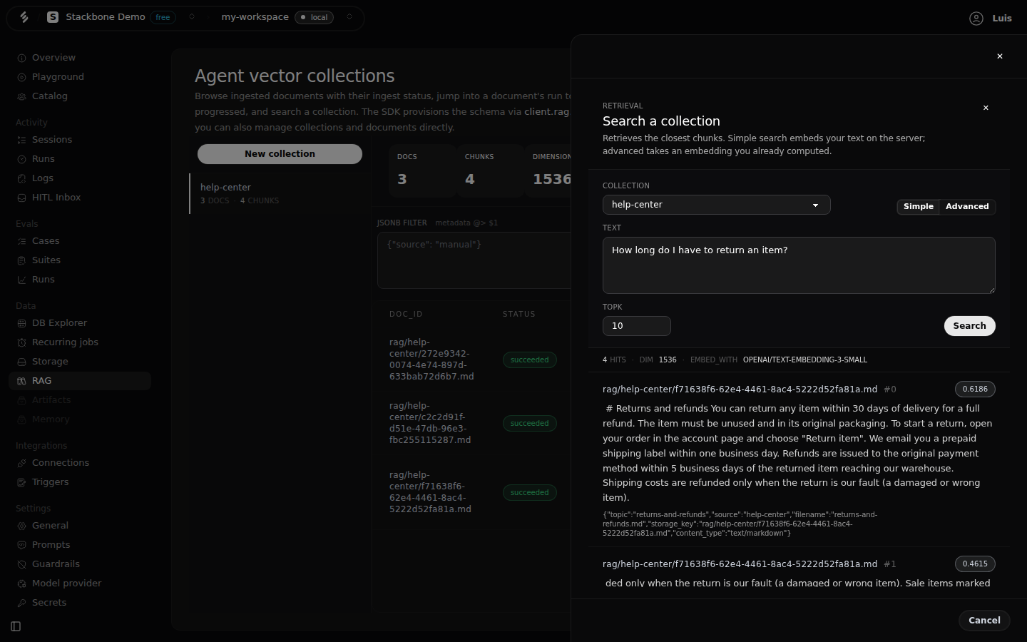 The Search a collection panel over the RAG screen: help-center selected, the question 