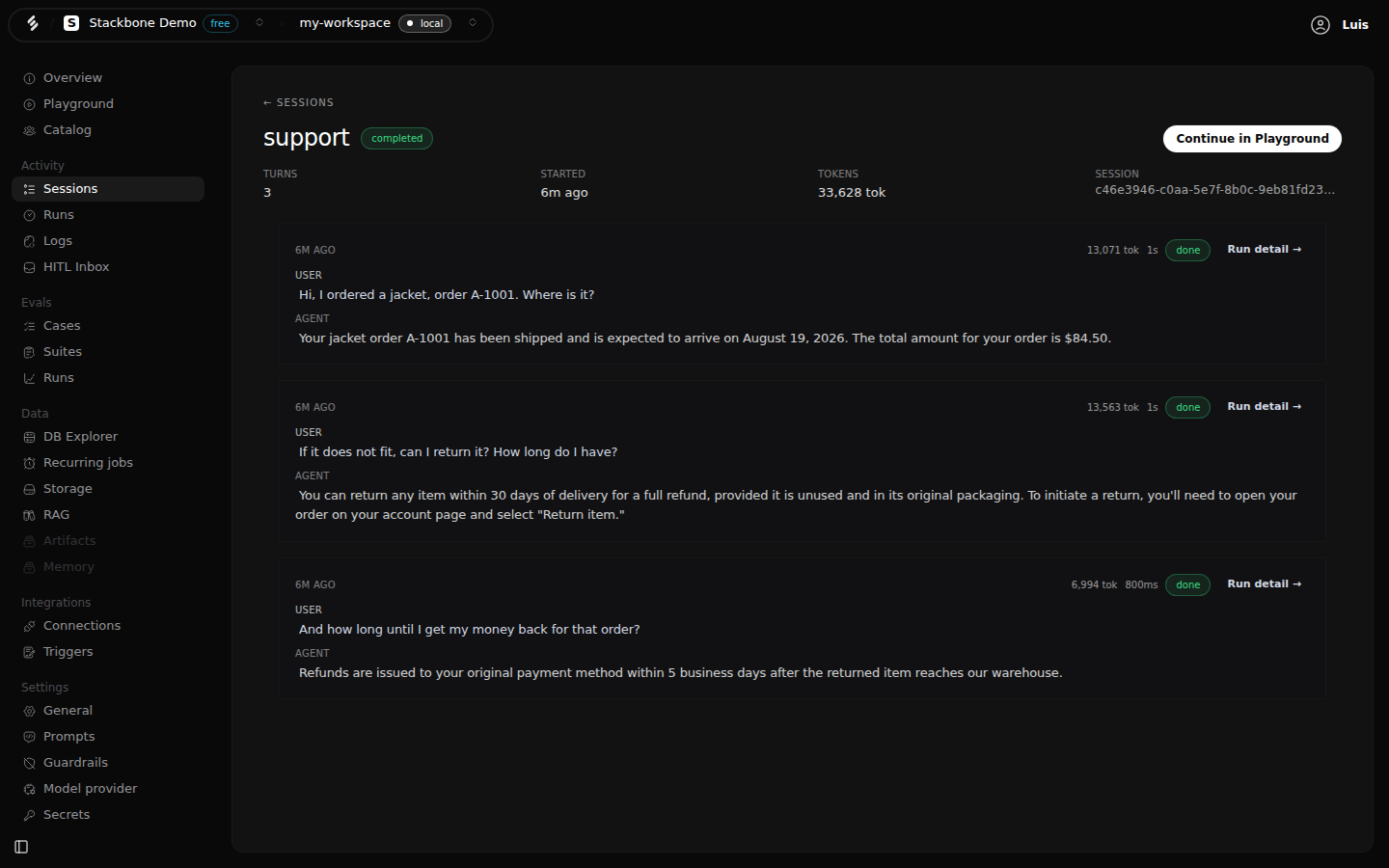 A session's detail in Studio for the support agent: completed, three turns, 33,628 tokens, the session id, a Continue in Playground button, and the transcript of the three turns, each with the user message, the agent reply, its tokens, its duration and a Run detail link.