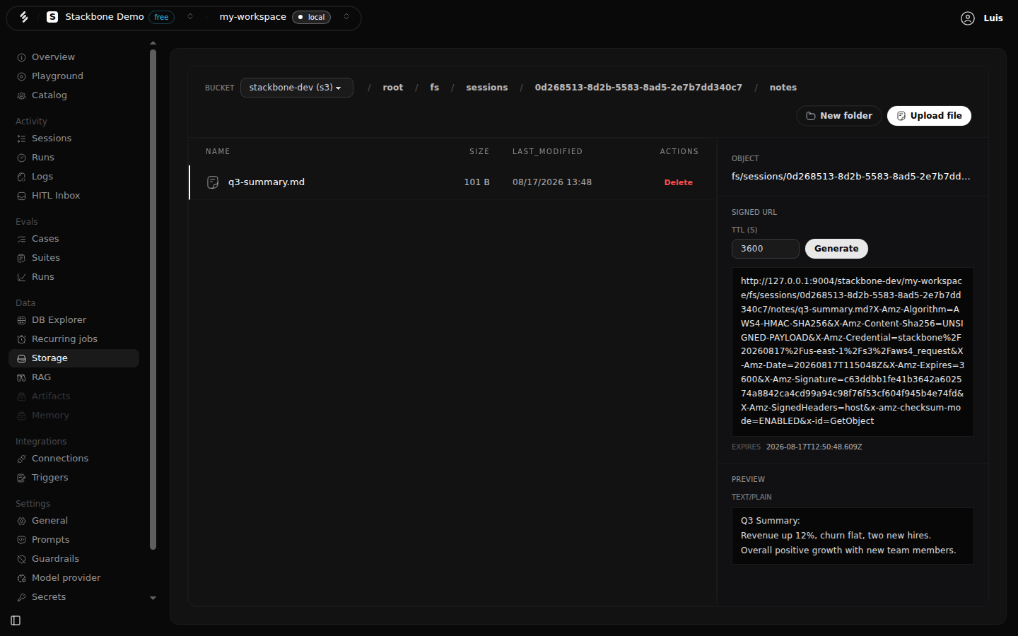 The Storage screen in Studio: the breadcrumb root / fs / sessions / a session id / notes, one file q3-summary.md, and a side panel with the object key, a signed URL generated with a 3600-second TTL, its expiry, and a text preview of the file.