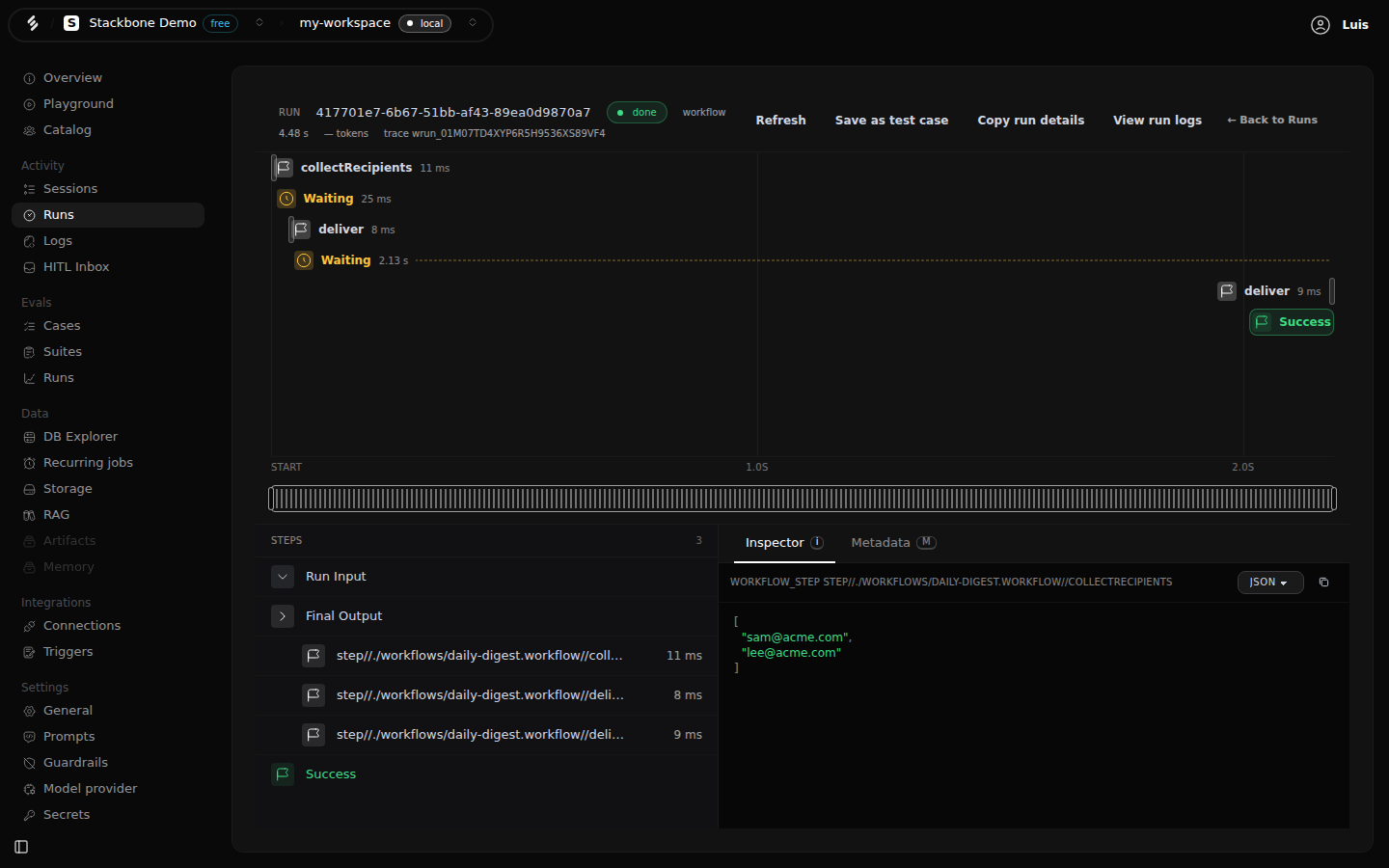 A workflow run's trace in Studio: the run id, done, workflow, 4.48 s in the header; Save as test case, Copy run details and View run logs actions; a waterfall with collectRecipients, a 25 ms wait, deliver, a 2.13 s wait, deliver and Success; and the inspector printing the first step's output, a list of two email addresses.